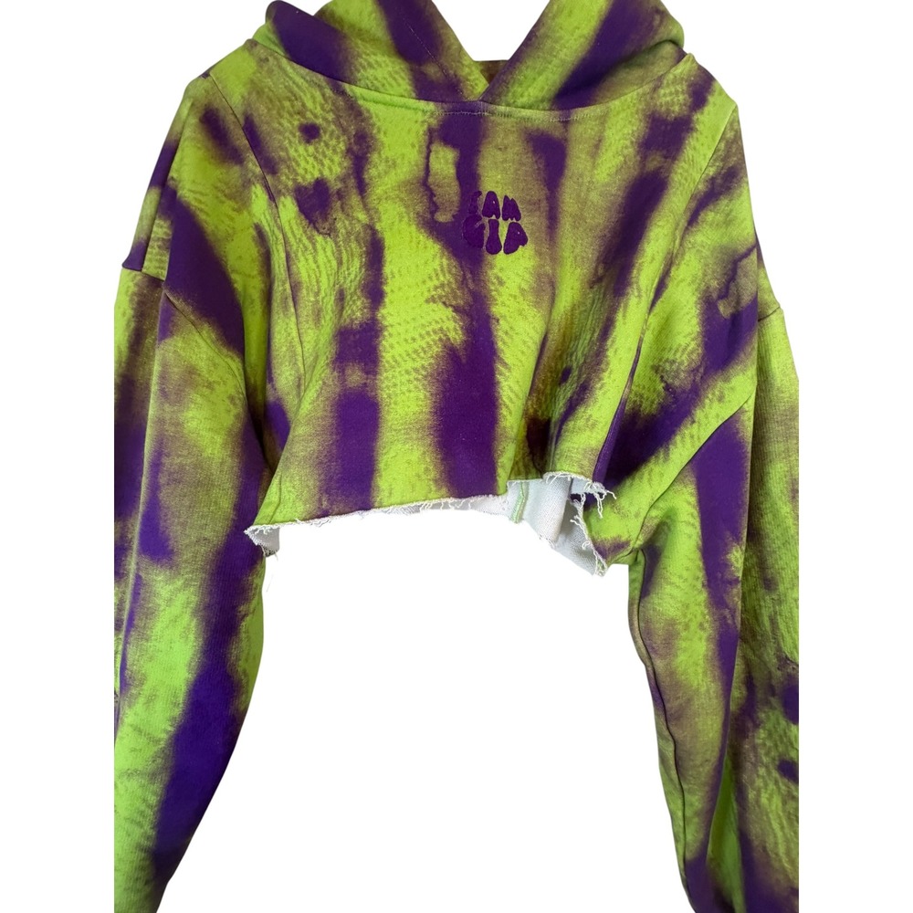 I.AM.GIA Cropped Hoodie XS Lime Green Purple Tie Dye Raw Hem Logo Sweatshirt
